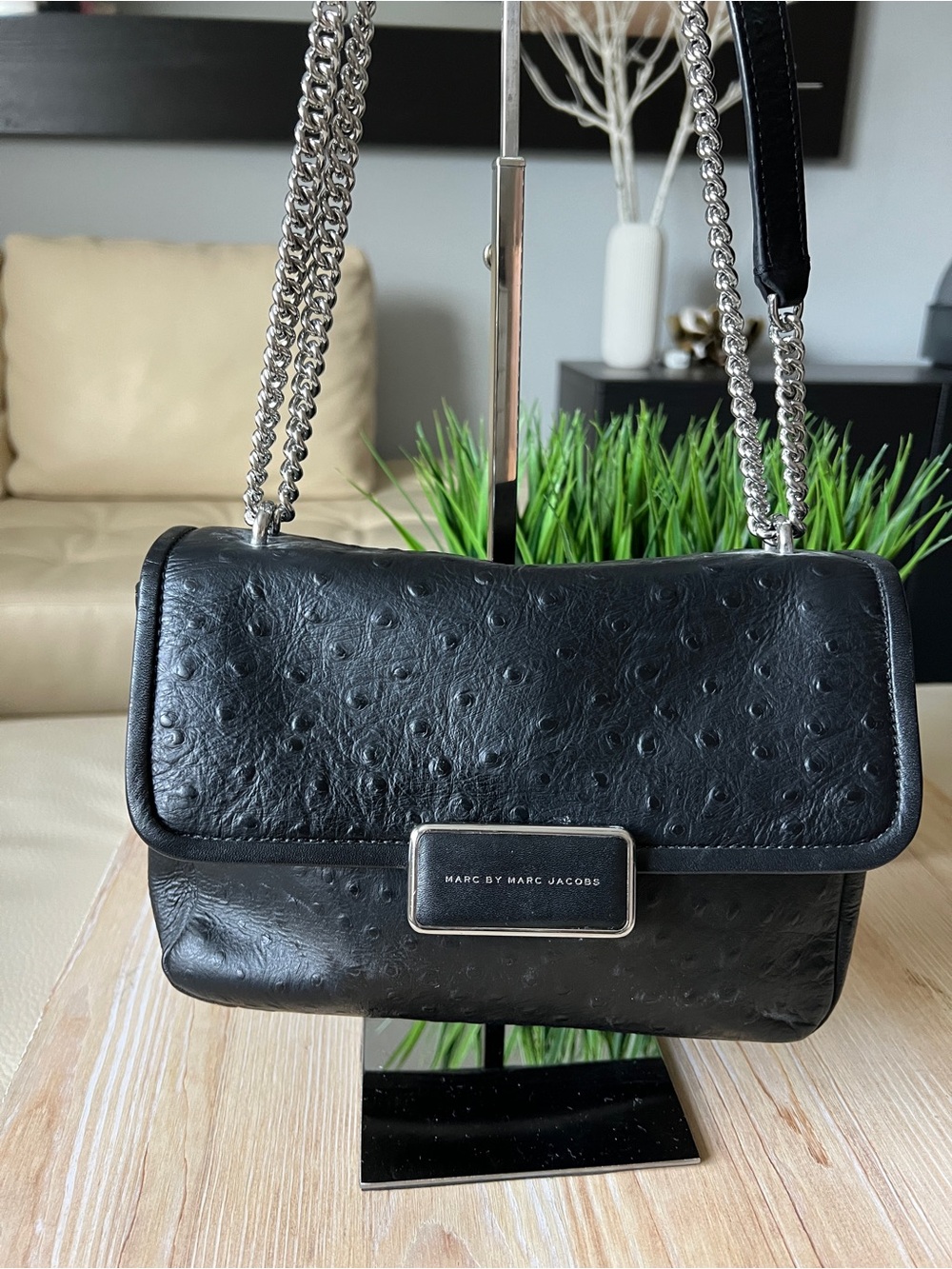 Marc by Marc Jacobs Black Ostrich-Embossed Shoulder Bag with Silver Chain